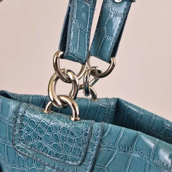Coach Croc Embossed Leather Tote Teal Blue Shoulder Bag New Style 5659